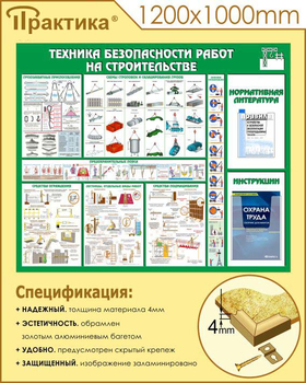 С32 Стенд техника безопасности при строительстве (1200х1000 мм, пластик ПВХ 3 мм, алюминиевый багет золотого цвета) - Стенды - Тематические стенды - Магазин охраны труда и техники безопасности stroiplakat.ru